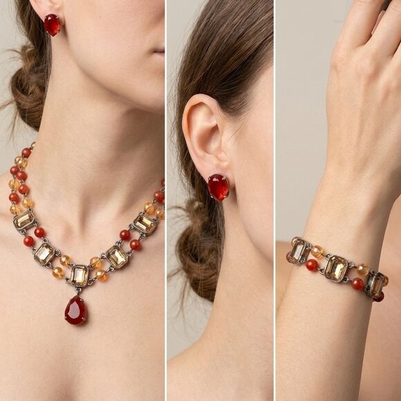 Vintage AVON Nina Ricci Jewelry Set Necklace Bracelet & Clip-On Earrings Red Amb - Picture 3 of 12